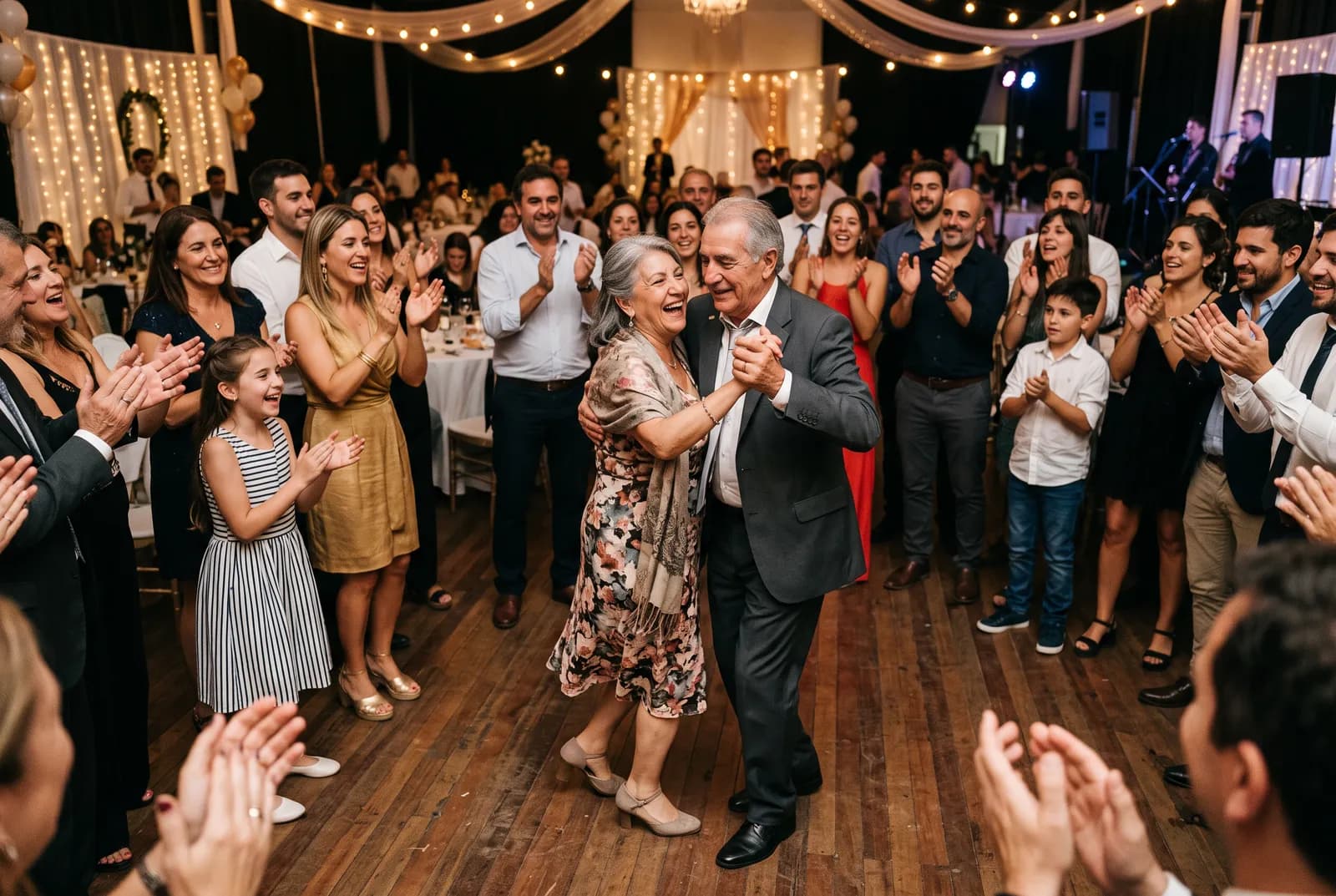 Pareja de abuelos bailando abrazados en la pista de una fiesta