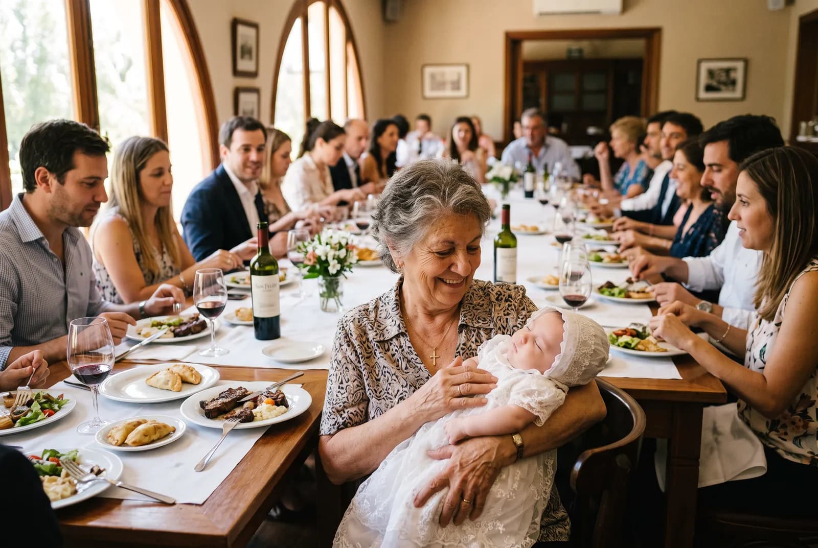 Una abuela sonríe con su nieto recién bautizado en brazos, en una mesa larga de almuerzo familiar