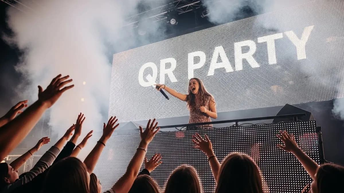 Público con las manos arriba frente a la pantalla de QR Party