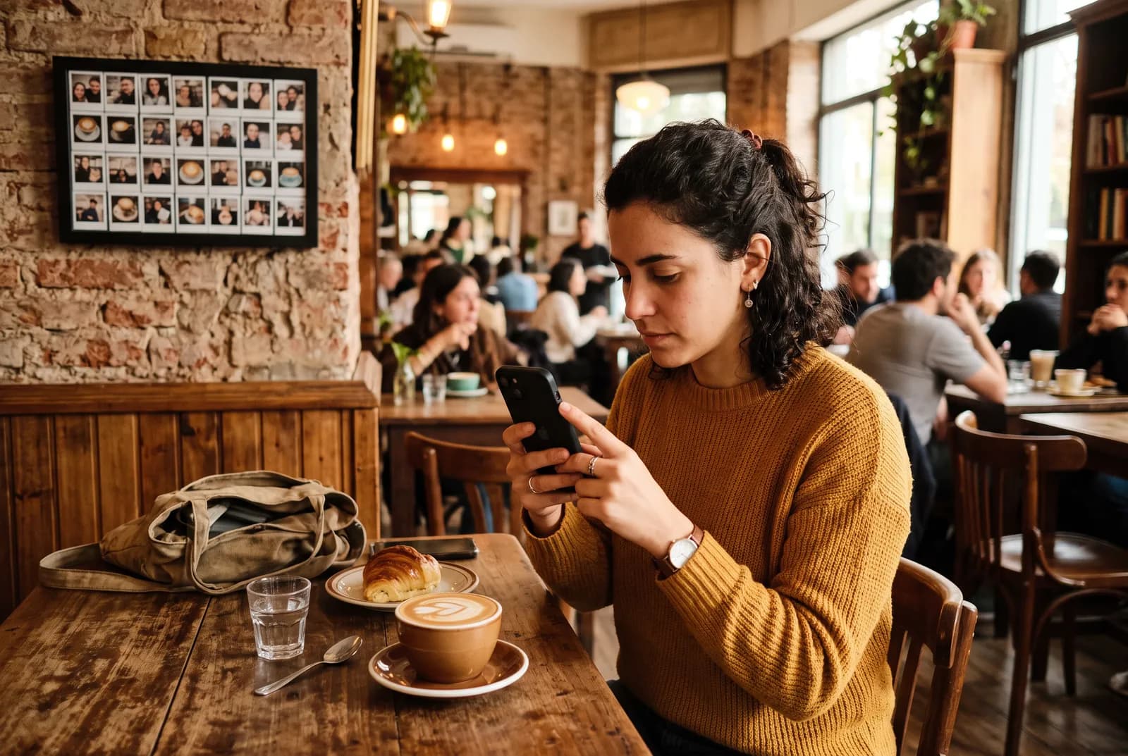 Chica fotografiando su café en una cafetería con una pantalla de fotos en la pared