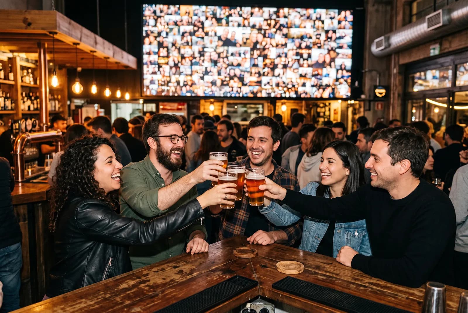 Grupo de amigos brindando en una cervecería con una pantalla de fotos en la pared