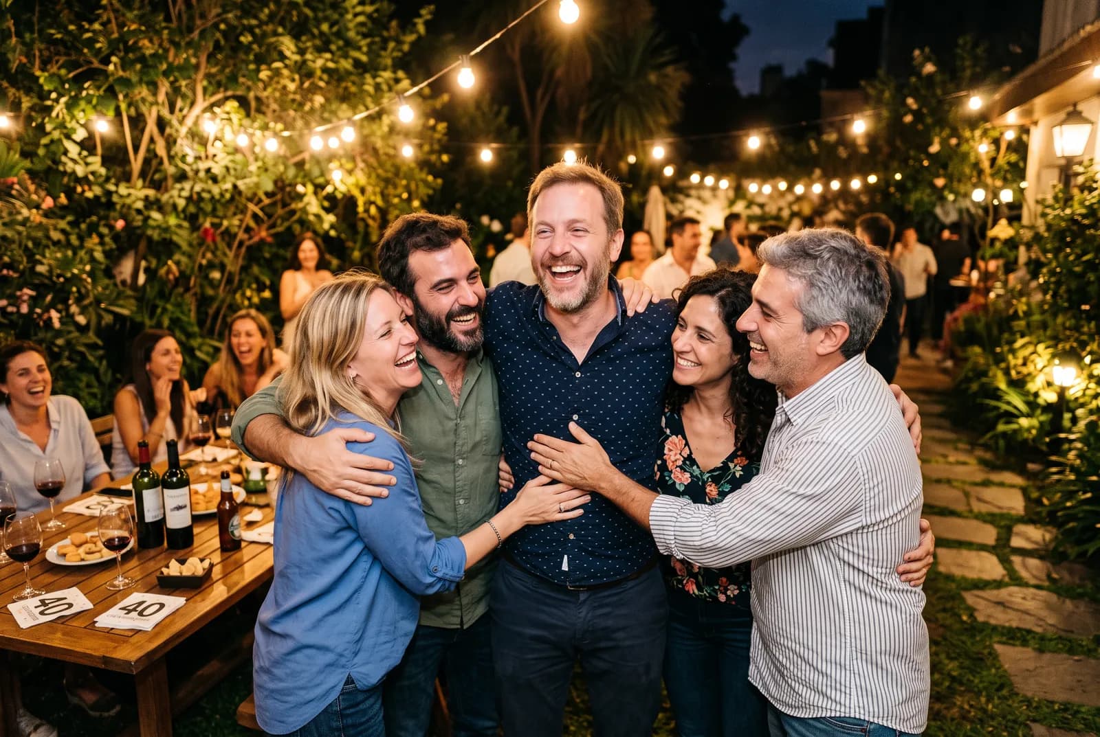 Un cumpleaños de 40 de noche en un jardín iluminado con guirnaldas, con amigos brindando
