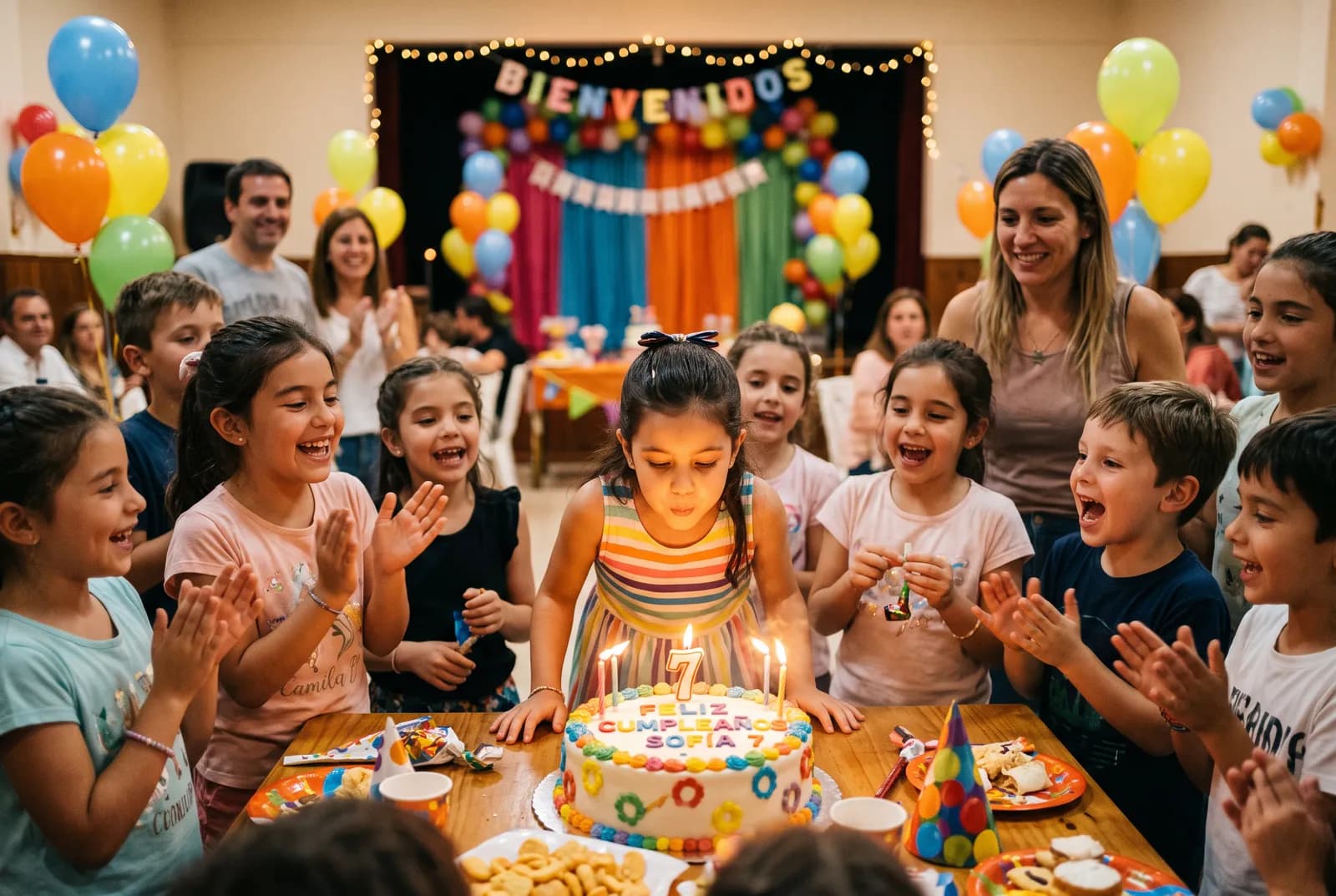 Una nena sopla las velitas de su torta en un salón de fiestas infantiles, rodeada de amigos