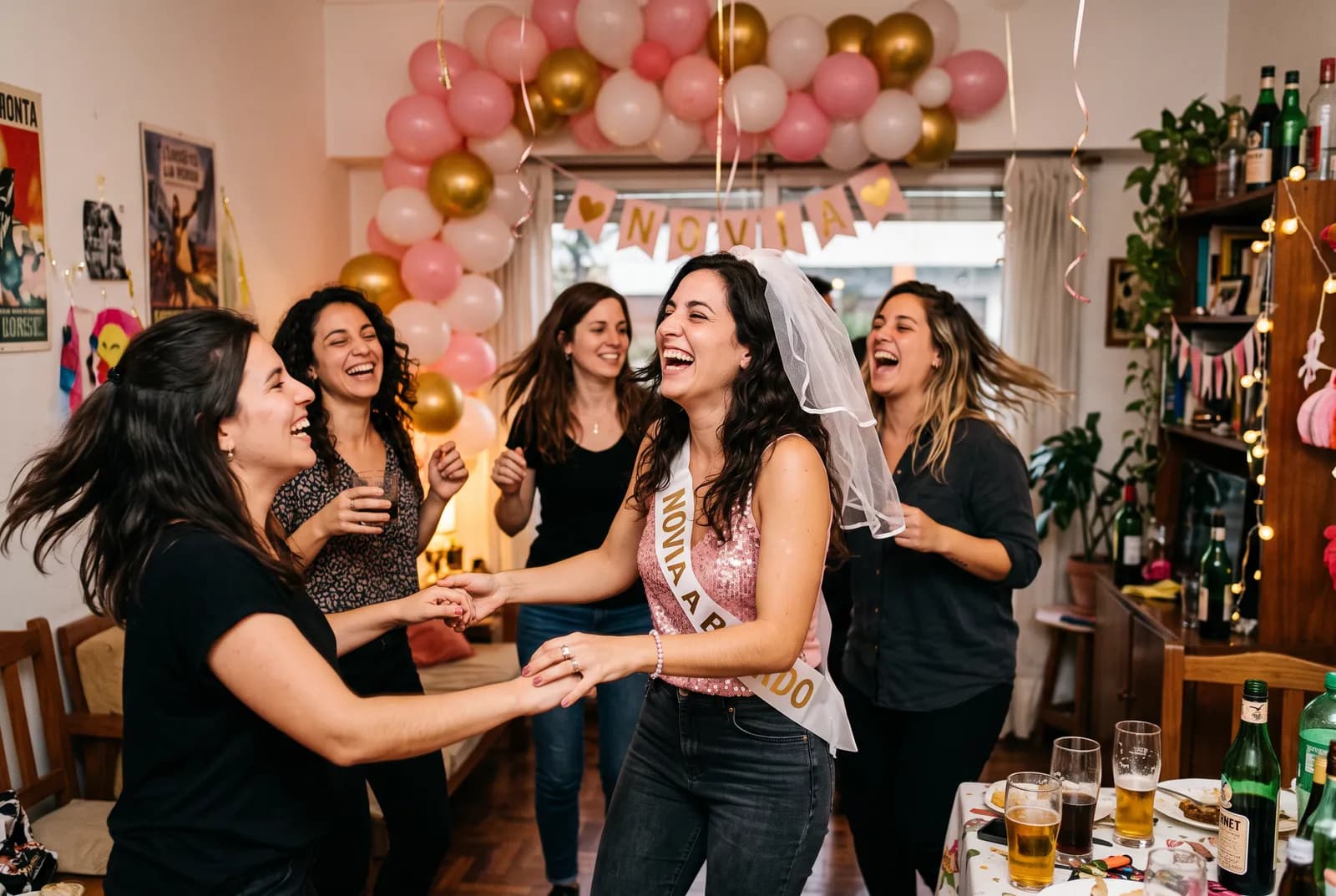 Una novia con velo y banda bailando con sus amigas en una despedida de soltera en casa, con globos y guirnaldas