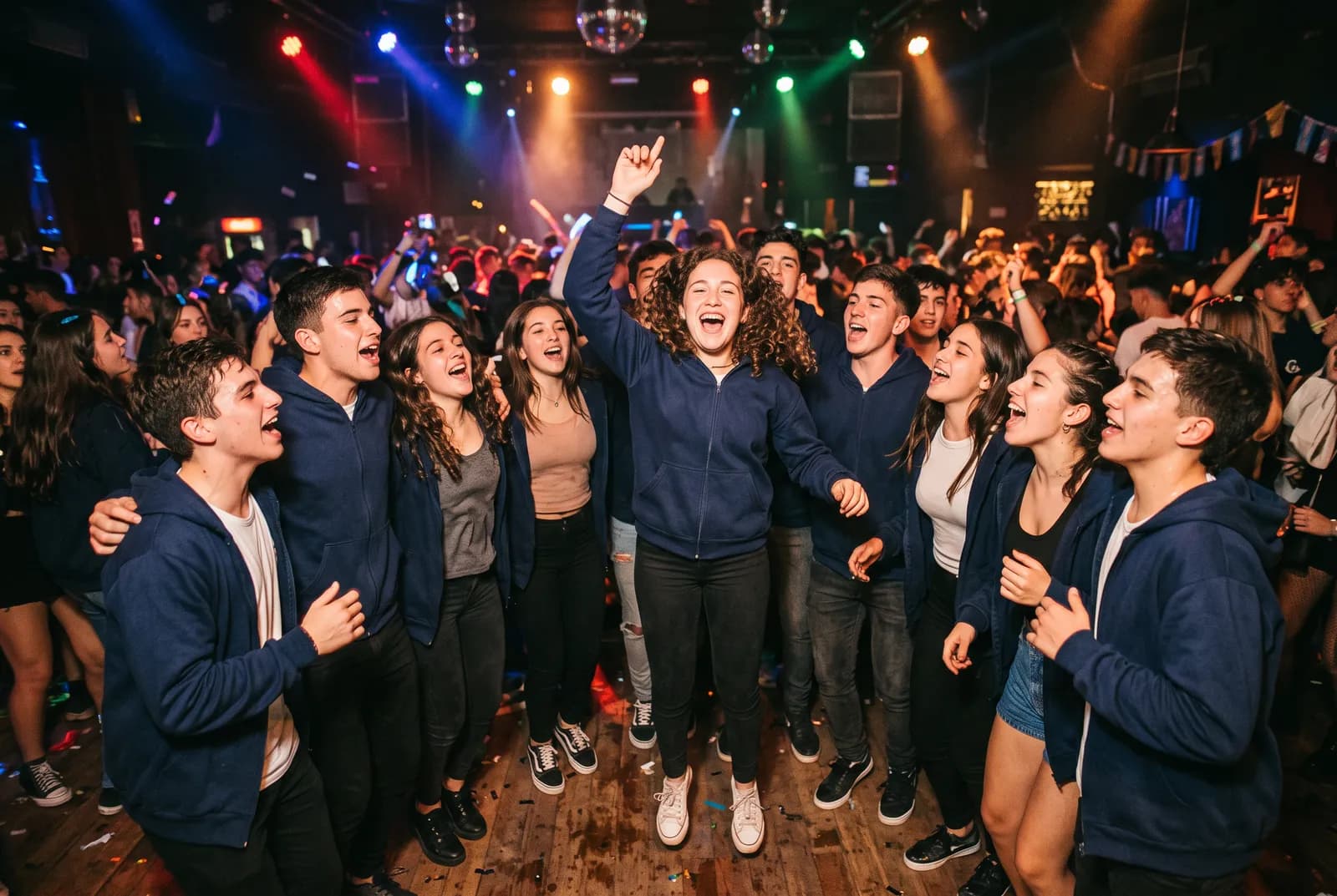 Egresados festejando en la pista de baile de su fiesta de fin de curso