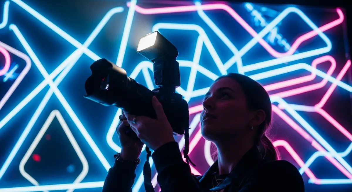 Fotógrafa trabajando en una fiesta iluminada con luces de neón