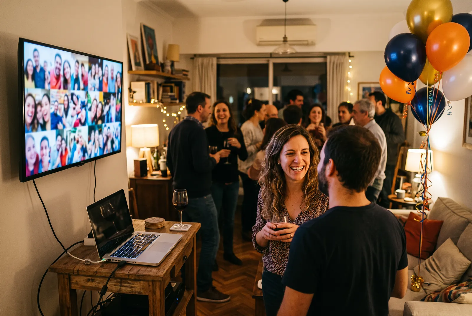 Notebook conectada a un televisor que muestra fotos en un living