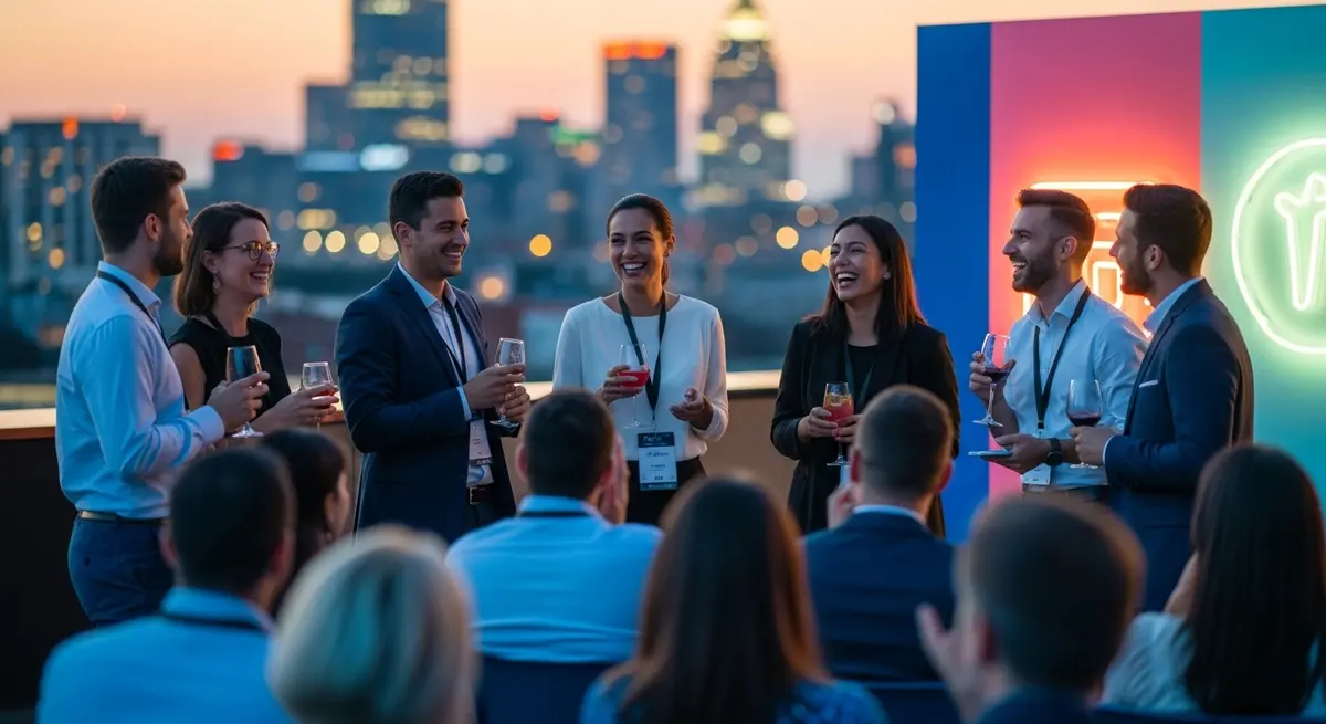 Evento corporativo en una terraza al atardecer