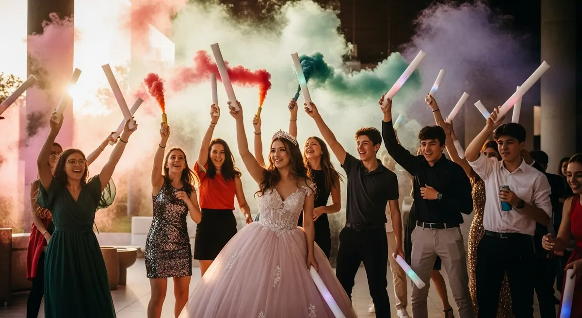 Quinceañera con sus amigos y humo de colores