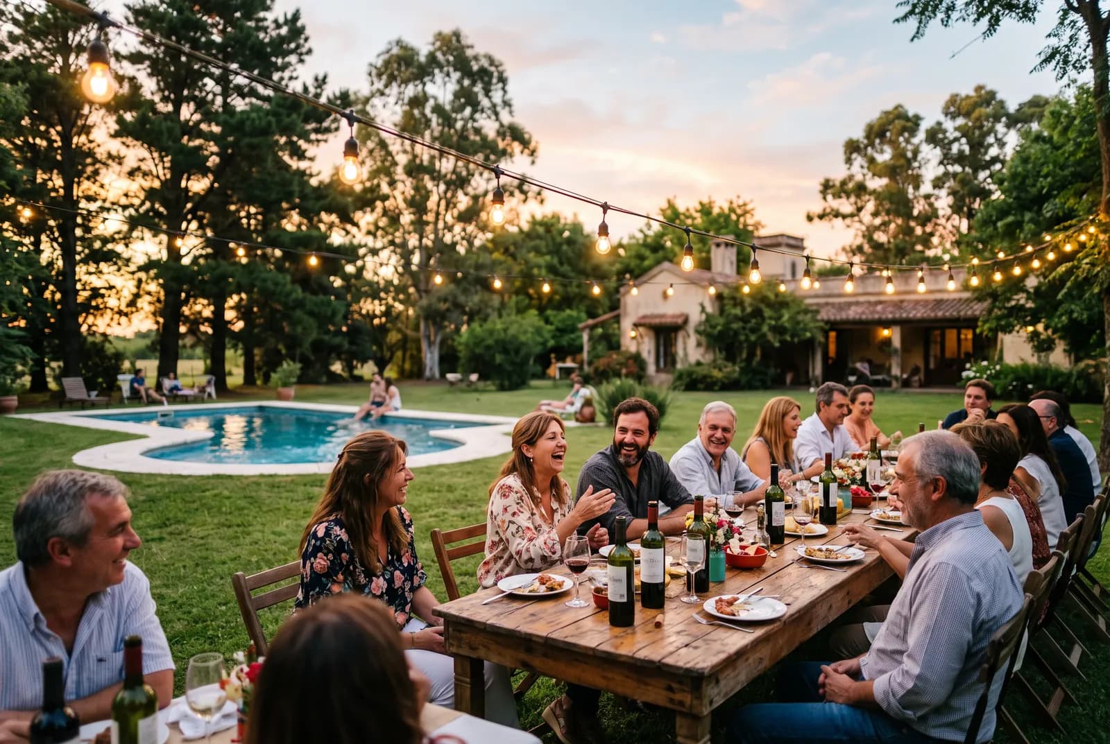 Quinta con pileta, guirnaldas de luces y una mesa larga al atardecer