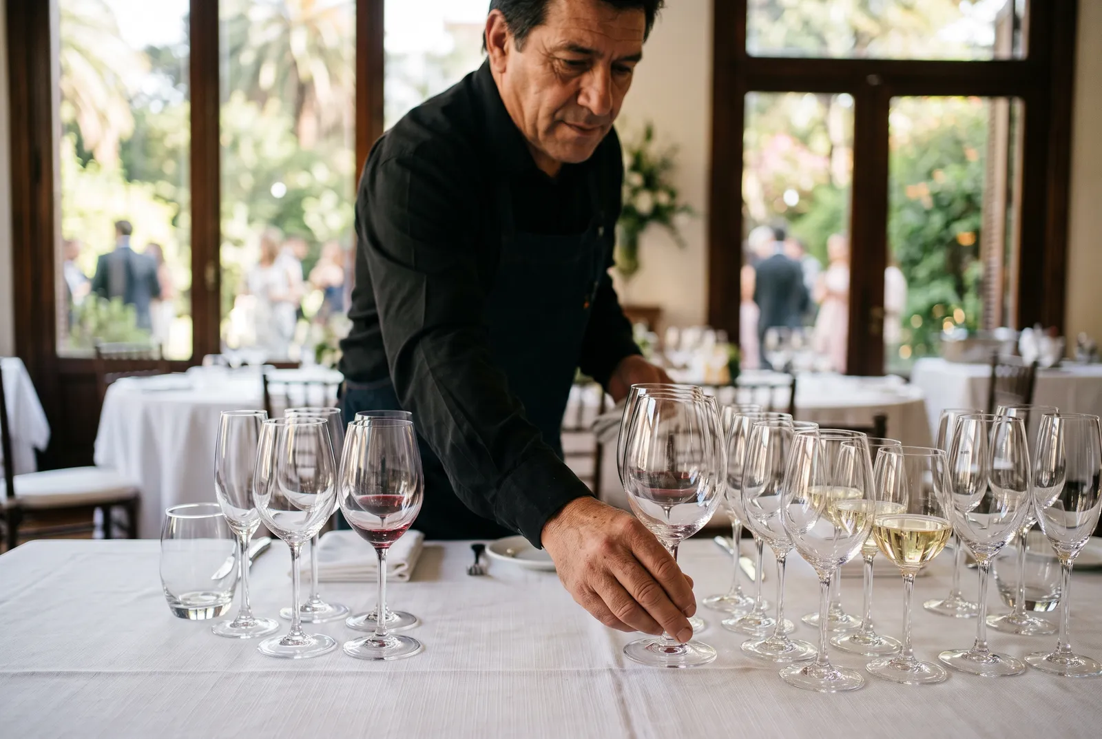 Mozo armando una mesa de fiesta con copas de vidrio