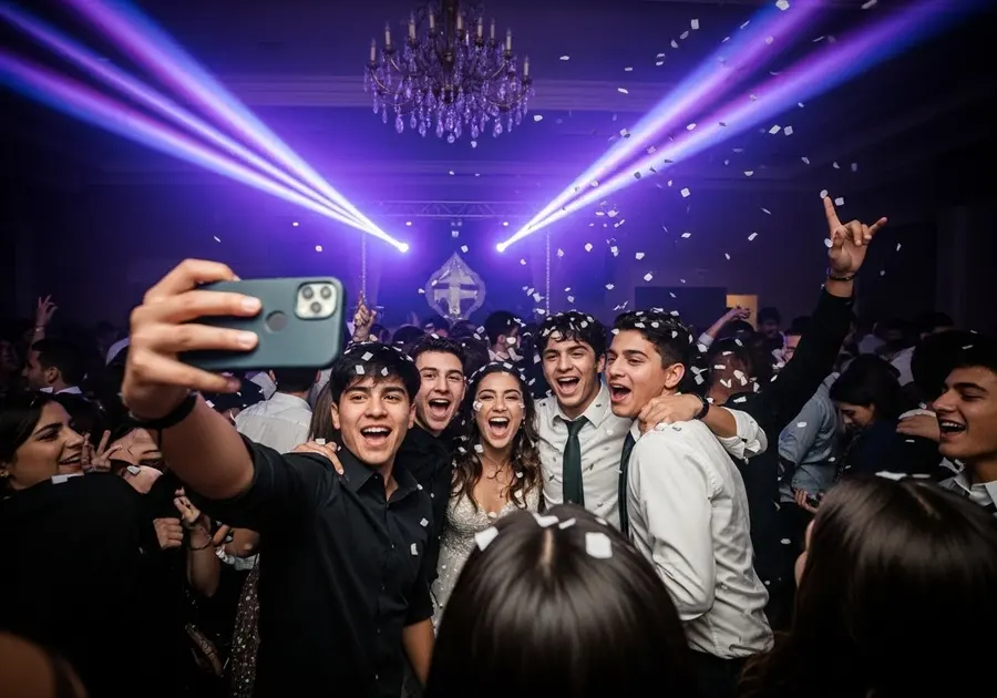 Grupo de adolescentes sacándose una selfie con láseres violetas