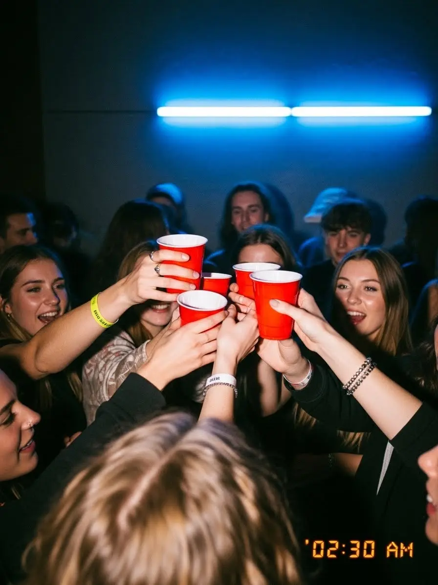Amigos brindando con vasos rojos en una fiesta