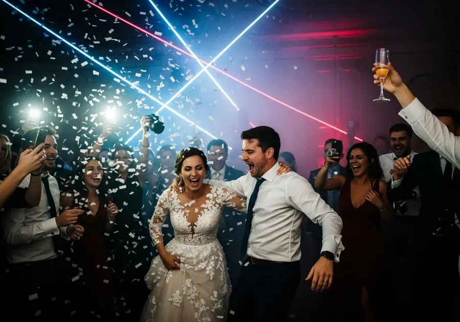 Novios bailando entre papelitos y láseres