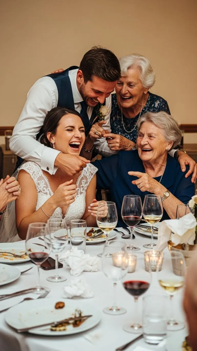 Abuelos riéndose en la mesa de un casamiento